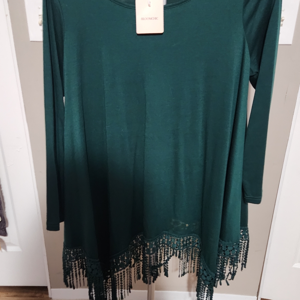 BloomChic Teal Long Sleeve Tunic with Fringe